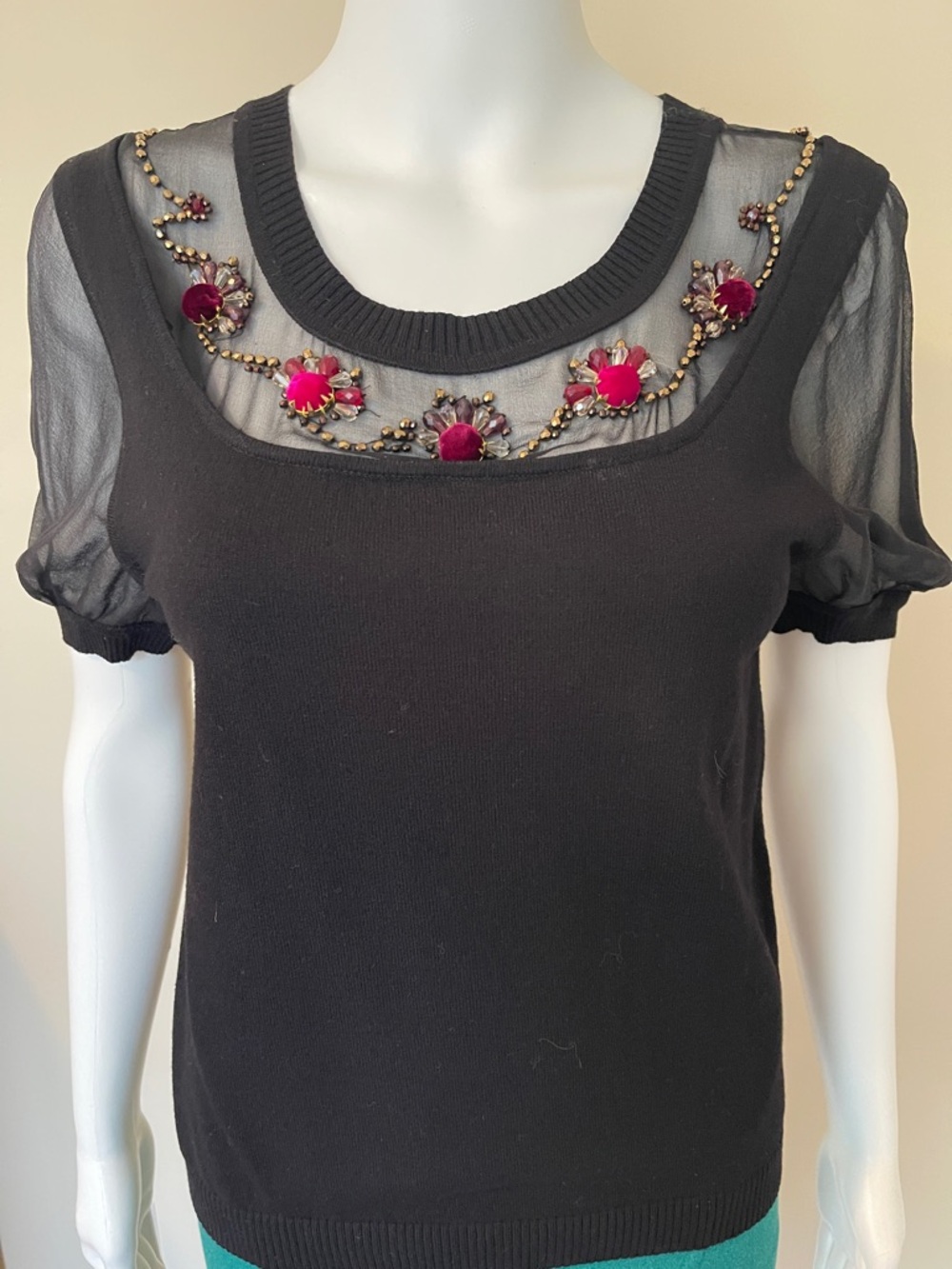 Cynthia Steffe Black Short-Sleeve Top with Pink Gem Floral Yoke